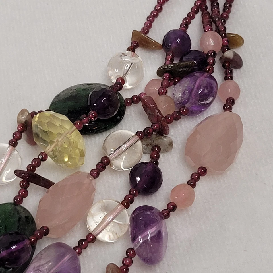 Elegante collar de joyería de moda de piedra amatista de cuarzo rosa genuino multihila Foto 3 de 4