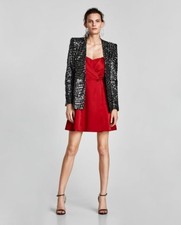 Zara Women Red Satin Dress With Exposed Shoulder Size S NWT