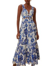 Farm Rio Flowerful Birds Off-White Sleeveless Linen-Blend Midi Dress Women's