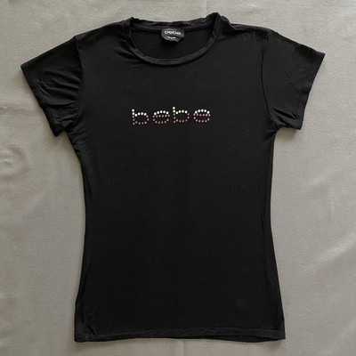 BEBE T Shirt Womens Size Small Black Short Sleeve Rhinestone Logo Bebe