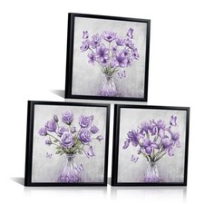 Flower Wall Prints Butterfly Wall Art Bathroom Wall Decor Picture, Set Purple