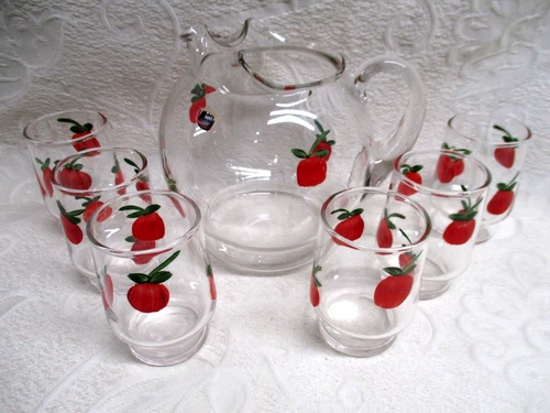 Vintage MCM Federal Glass Complete Juice set Pitcher 6 Glasses Cherry Design