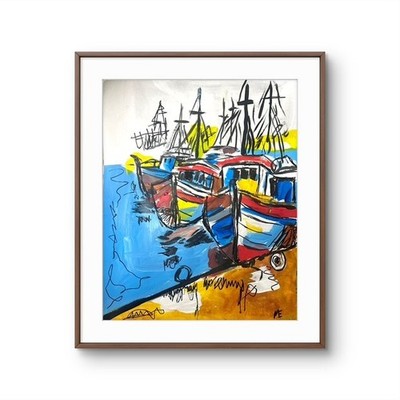 ME Original Paper Art 14x11 Fishing Boat EXPRESSIONISM ABSTRACT  MODERN DECOR