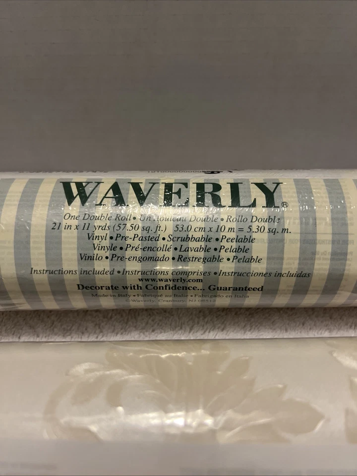 TRES NUEVOS ROLLOS DE PAPEL TAPIZ Waverly vintage sellados blanco crema hoja de oro en relieve Foto 4 de 4