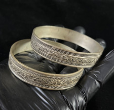 Pair Vintage Berber Bangle Bracelets Moroccan Amazigh Silver Tone Tribal Jewelry