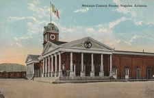 Nogales, AZ Mexican Custom House, Train Cars in Back of Building, 1915 Postcard
