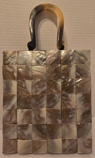 Vintage Horn Shell Handbag Purse Beige w Brown Handles Interior Zip Pocket 8.25"