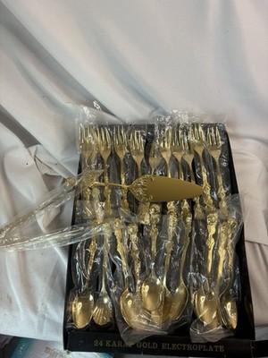 Vtg MCM 24 Karat Gold Electroplate Golden Rose Demitasse Dessert Flatware 23 Set