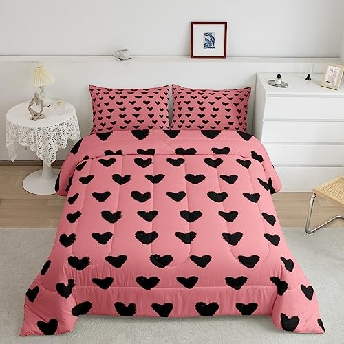 Love Size Comforter Sets for Girls Pink and Black Heart Pattern Full Multi 110 - Picture 3 of 8