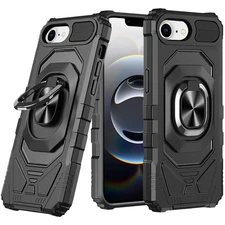 For iPhone 16e Case Shockproof Dual Layer Magnetic Ring Stand + Tempered Glass