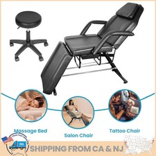 881LB Tattoo Bed Swivel Aesthetician Chair Folding Salon Massage Bed w/Spa Stool