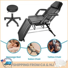 881LB Tattoo Bed Swivel Aesthetician Chair Folding Salon Massage Bed w/Spa Stool