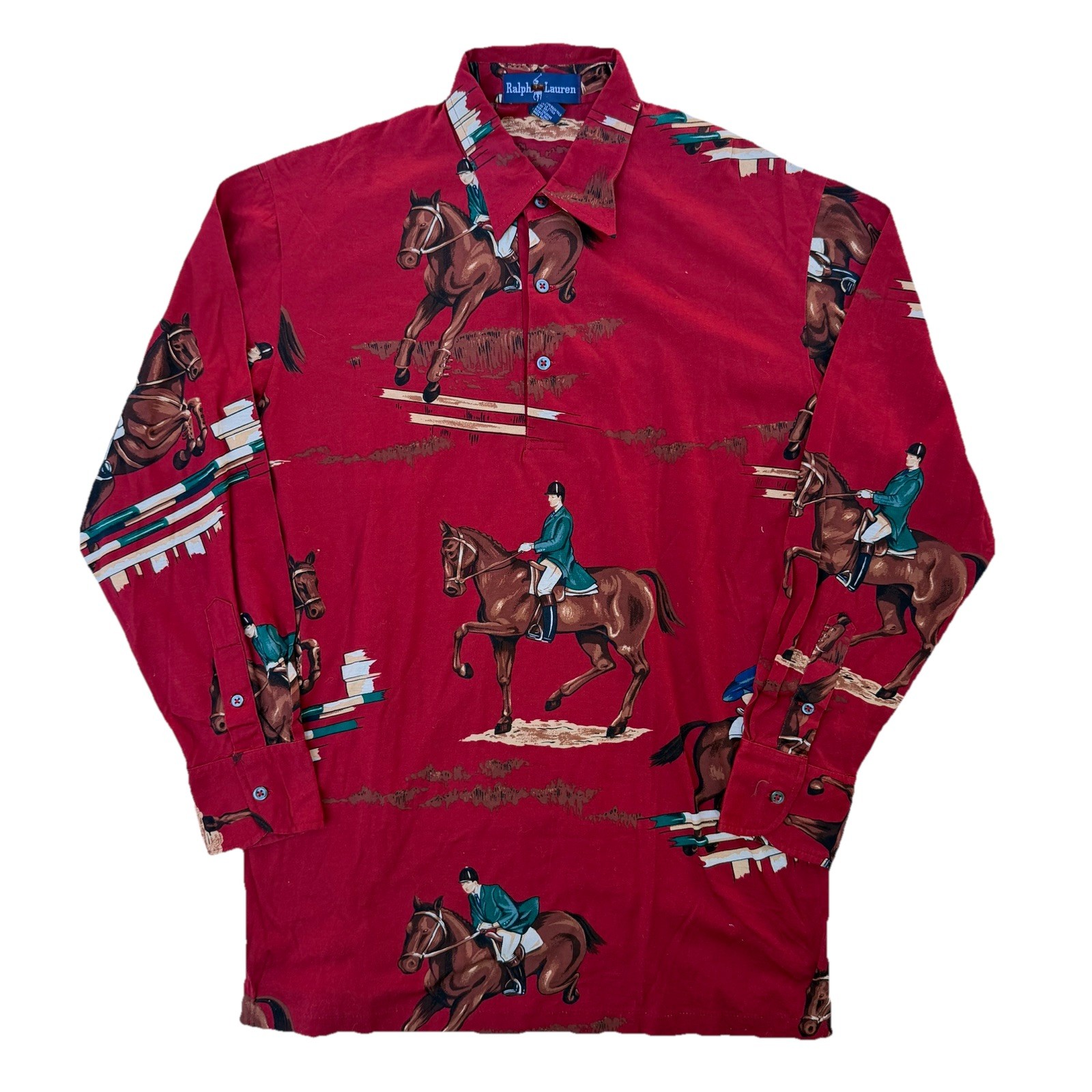 Vintage Polo Ralph Lauren Equestrian Horse Print Shirt Red AllOver Rare S Fits M