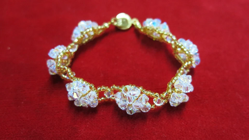 Flower Bracelet Swarovski Crystal Floral Beaded Gold Tone Bridal Jewelry - Image 2 of 4