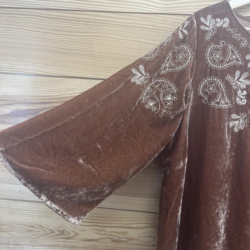 J Jill Velvet Shirt 2X Ochre Brown Embroidered Tunic Blouse Bells Sleeve B126 - Picture 4 of 11