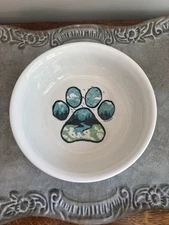 LIFE IS GOOD Paw Print Adventure Pet Dish Food/Water Ceramic White/Blue 6”