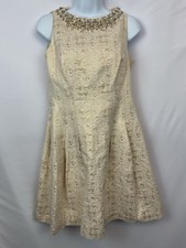 Vince Camuto Dress Cream/Gold Bedazzled Neckline Pockets With Liner Size 6
