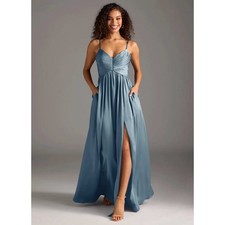 Azazie Alia Dusty Blue A-Line Pleated Stretch Satin Dress Size A12 New With Tags