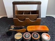 Vintage Custom Wooden Shoe Shine Box w/Compartments and Misc Brushes and Polish