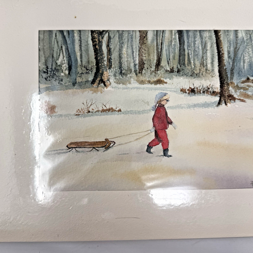 Bezauberndes Vintage Kind zieht einen Schneeschlitten Aquarell Gemälde signiert "Rose" - Bild 4 von 7