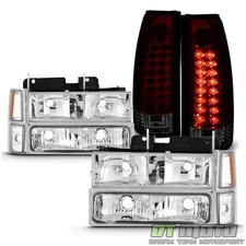 1994-1999 Chevy C/K Headlights 8-Piece Set+Red Smoke LED Tail Lights Set