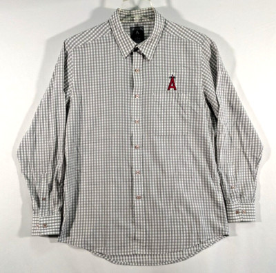 Antigua LA Angels Button Up Shirt MLB Baseball Gray White Check Mens Size Large
