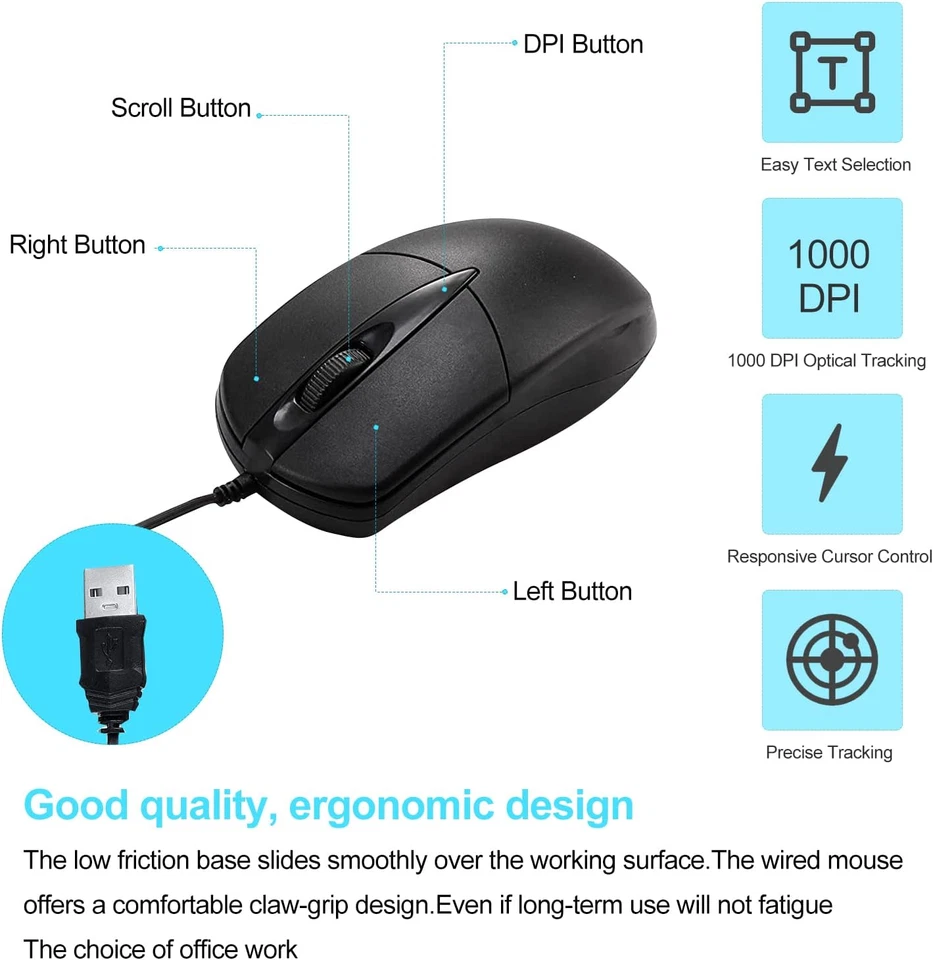 USB 2.0 Optical Wired Scroll Wheel Mouse PC Laptop Notebook Desktop Black Mice - Image 3 of 4