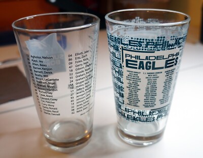 Eagles (2) Super Bowl LII & LIX Roster Pint Beer Glasses (Rare) Official 16 oz.