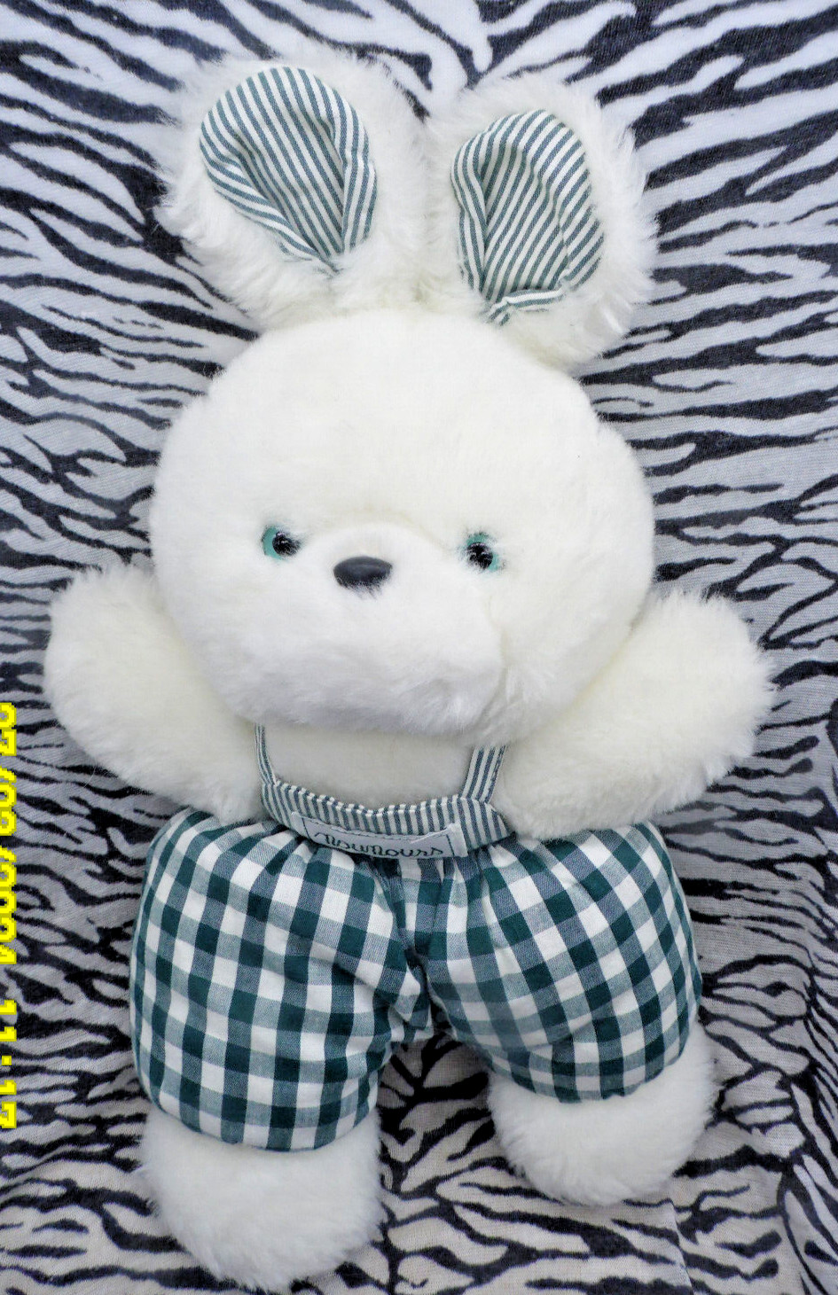Doudou lapin blanc motif Vichy vert cadeau de naissance idéal peluche vintage 33cm