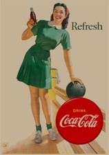 VINTAGE COKE POSTER 1950's Girl Bowling Alley Retro KITCHEN Cafe Art Print A3 A4