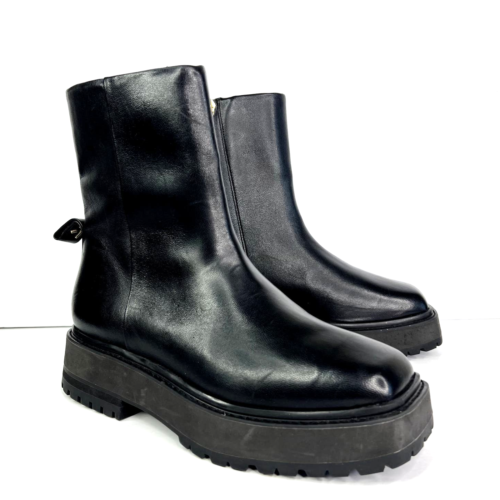 Larroude Hailey Faux Fur Lined Platform Bootie Ankle Boot Black Leather Square