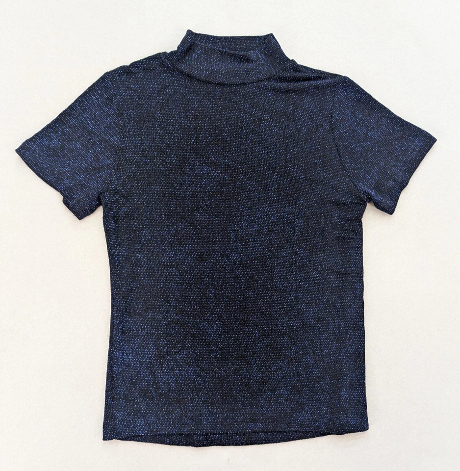 Top Joanna Vintage Años 90 Para Mujer Talla S Negro Azul Brillo Brillo Cuello Simulado Foto 2 de 4