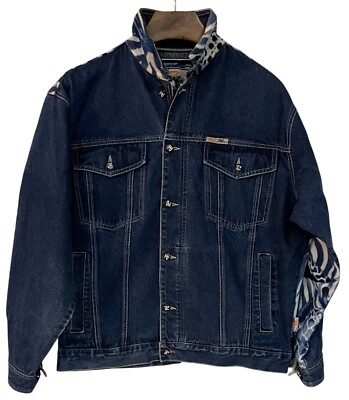 VTG Raw Blue Rugged Wear Denim Jacket Blue Giraffe Fleece Back Hip