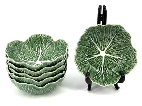 Set of (6) Green Cabbage 7” Coupe Soup Bowls Bordallo Pinheiro Portugal