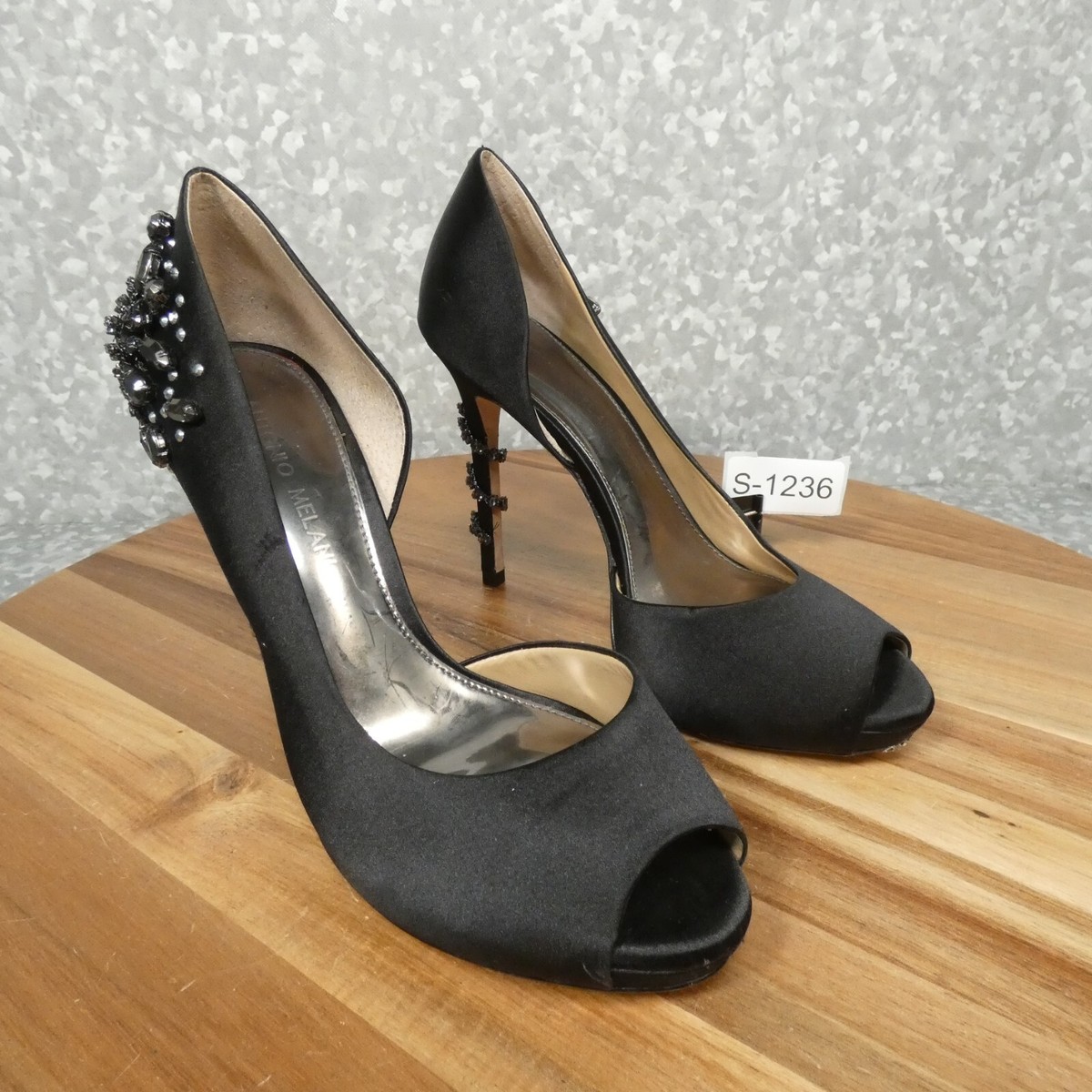 Antonio Melani Shoes Womens 7M Black Satin w Rhinestones Peep Toe