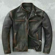 Giacca in vera pelle nera invecchiata da uomo motociclista vintage cafe racer -