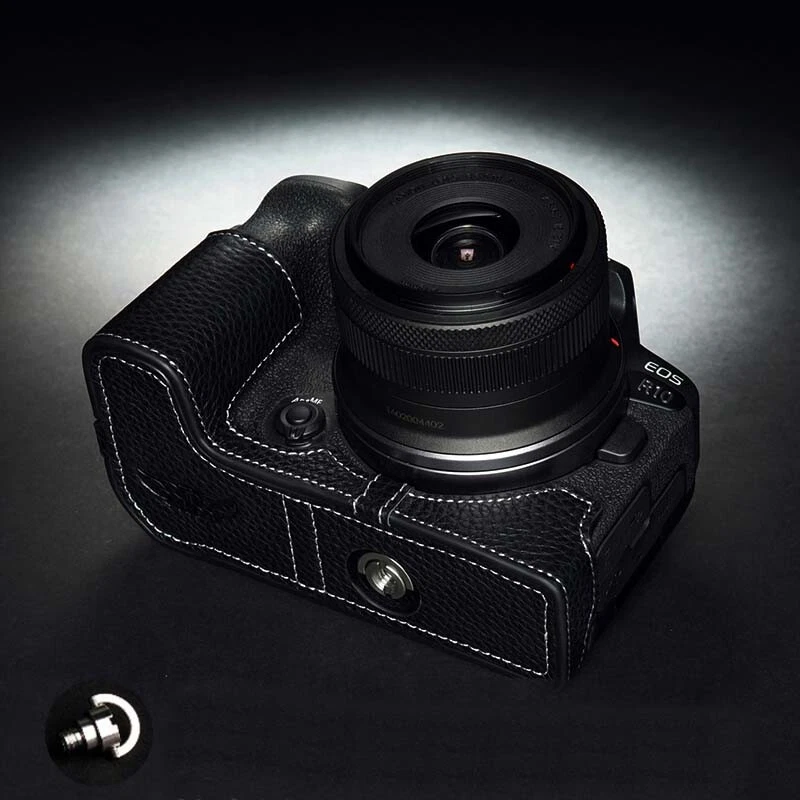 Funda protectora de media cámara de cuero genuino hecha a mano para Canon EOS R10 Foto 4 de 4