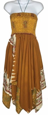 Boho Chic 100 Silk Womens Handkerchief Tube Top Dress Halter Gold Multi Color Ebay