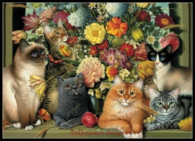 ANKICOLEMAN DESIGNS Bouquet Cats - Chart Counted Cross Stitch Patterns Needlework DIY DMC Color