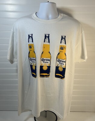 Corona Extra Beer Shirt Men XL White Short Sleeve Crew Neck 3 Bottles Graphic