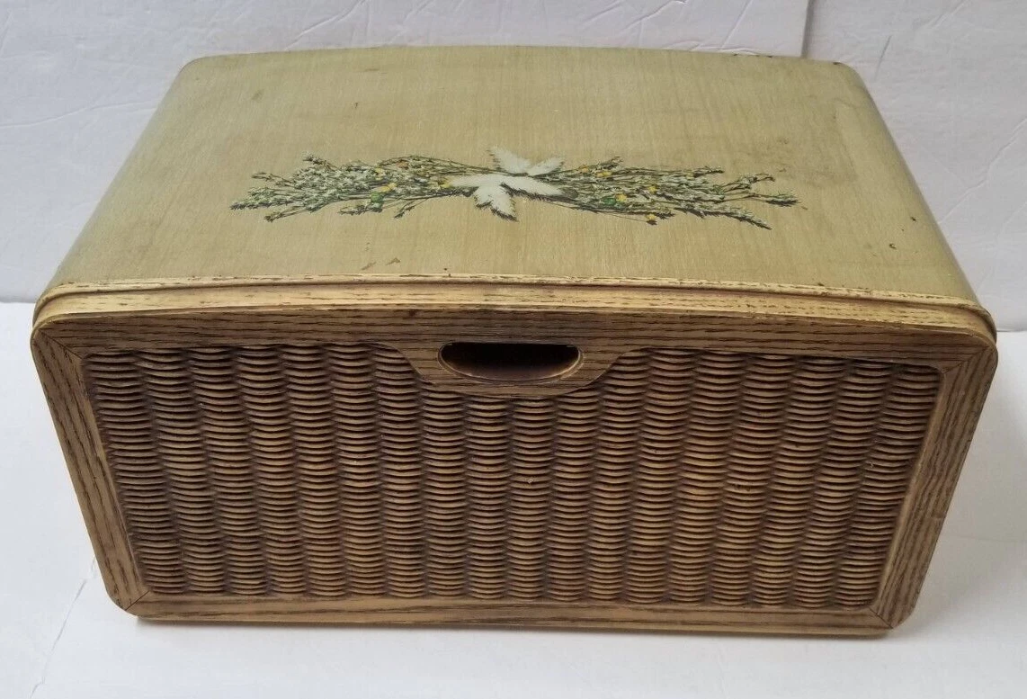 17" Metal Bread Box Vintage Woven Basket Door Vented Back Farmhouse Kitchen