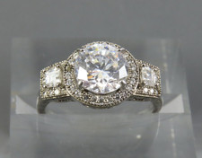 STERLING SILVER Cocktail Ring CLEAR CZ ROUND w/HALO 3-STONE Art Deco Style SZ 7