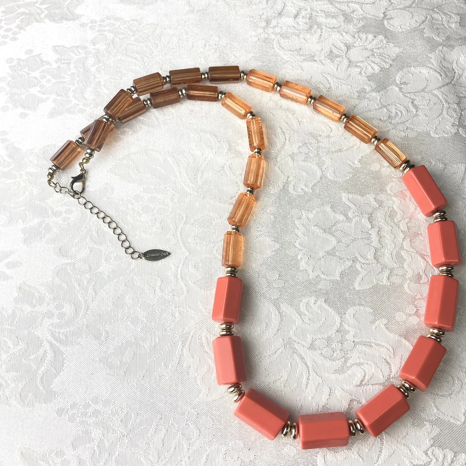 Coldwater Creek Coral Laranja Bronzeado Hexágono Barril Frisado Colar Declaração Longa - Imagem 2 de 4