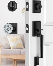 Black Front Door Handle and Deadbolt Set Lock with Crystal Glass Knob Entry