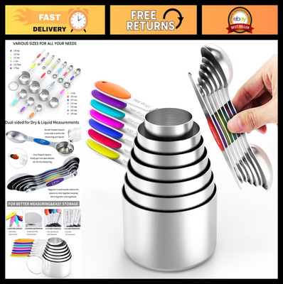 Nesting Measuring Cups & Spoons Set - Stainless Steel, Silicone Handle, Heavy Du