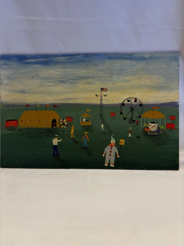 VTG ANTIQUE? FOLK ART OIL PAINTING ? SIGNED GIBBS CIRCUS AMERICAN FLAG DOG.