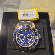 Invicta Mens 48mm PRO DIVER SCUBA Chronograph BLUE Dial 18K Gold Plated SS Watch