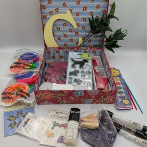 Mixed Craft Supply Destash Lot Floral Box Inkadinkado Dog Stamps Dritz Beads Art