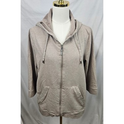 Chicos Zenergy Womens Taupe Heather 3/4 Sleeve Full Zip Hoodie Metallic Trim L