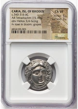 Rhodes AR Tetradrachm 340–316 BC | Helios Facing | Rose & Grapes | NGC Ch VF